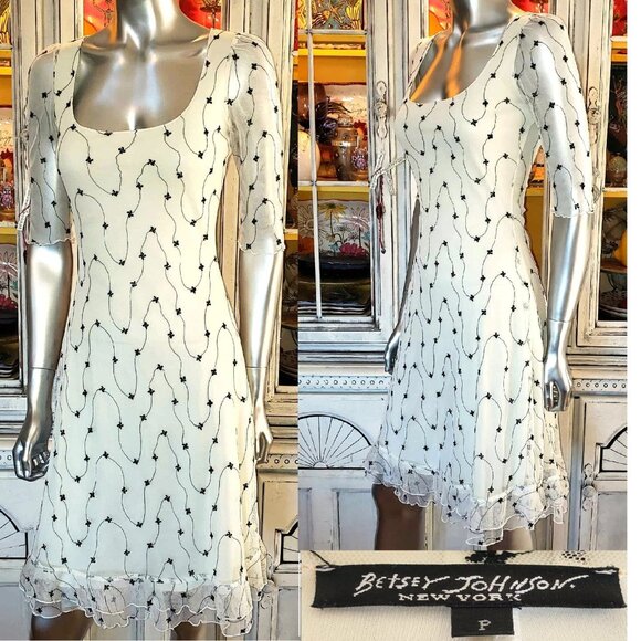 Vintage Betsey Johnson New York 90s Embroidered White Mesh Lace Slip Dress S - Picture 1 of 12